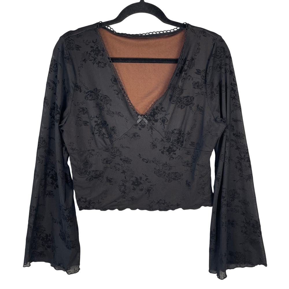 Romwe Mesh Floral Top Womens XL Black Goth Flocked Bell Sleeve V-Neck Whimsigoth